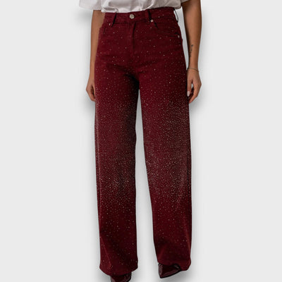 Marvie – Wide-leg Jeans with Rhinestones in Bordeaux