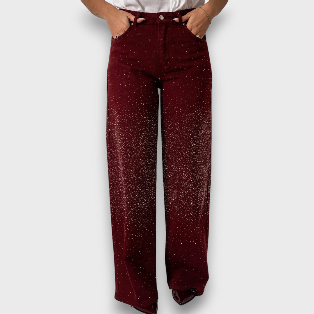 Marvie – Wide-leg Jeans with Rhinestones in Bordeaux