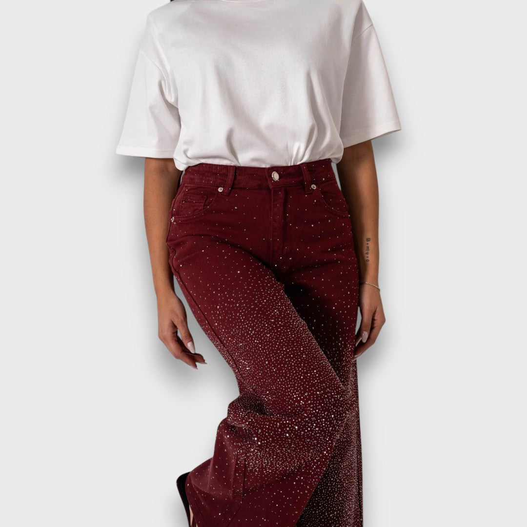 Marvie – Wide-leg Jeans with Rhinestones in Bordeaux