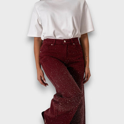 Marvie – Wide-leg Jeans with Rhinestones in Bordeaux