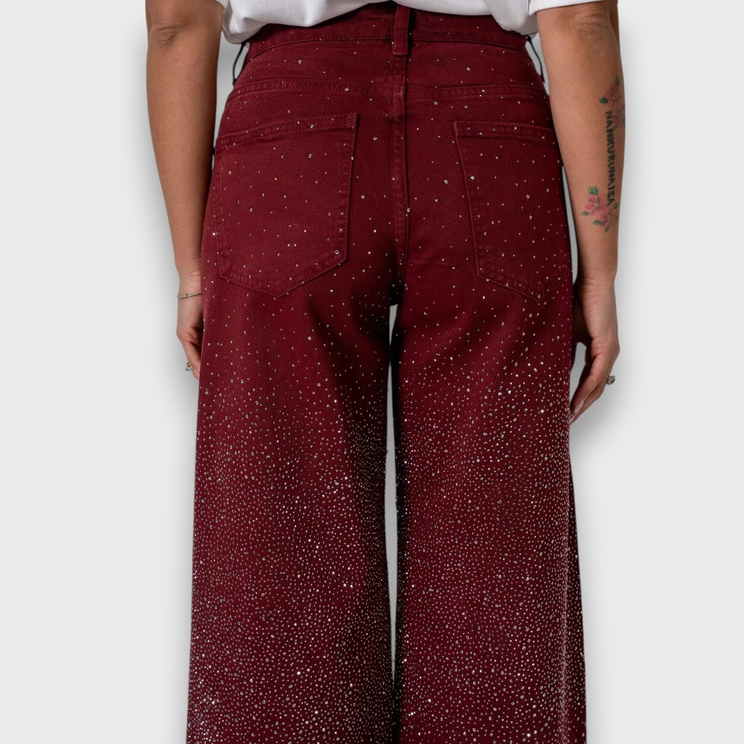 Marvie – Wide-leg Jeans with Rhinestones in Bordeaux